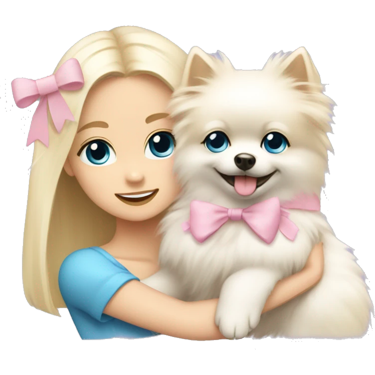 Blond girl white skin blue eyes hugging white Pomeranian with light pink bow emoji
