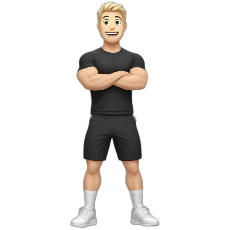 amazed Open with surprise mouth Pale skinned Fit Man With the biceps and dark brown hair in black shirt, gray sports shorts and white Sneakers emoji