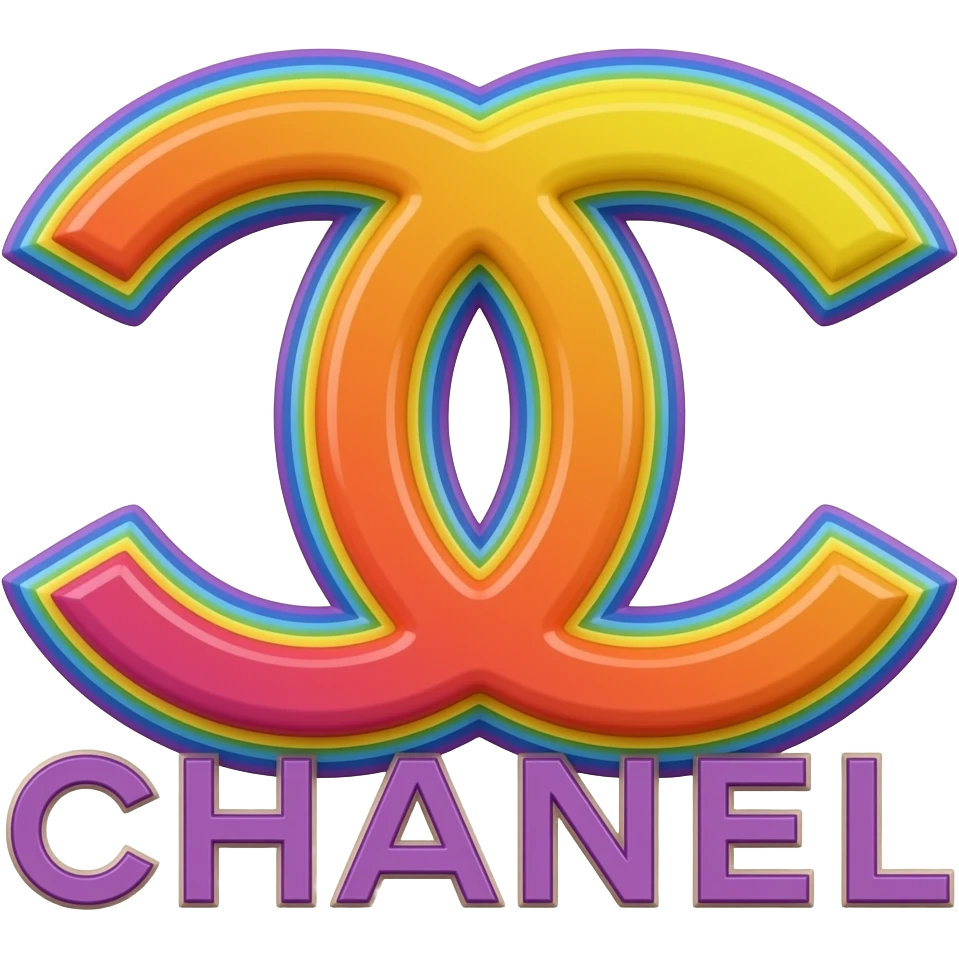 name "Chanel" in purple yellow orange 3D style typography lettering, each color of the rainbow as a border outlined around each letter, isolated, 3d rendering, no emoji icons no emoji faces and must have no human figures emoji