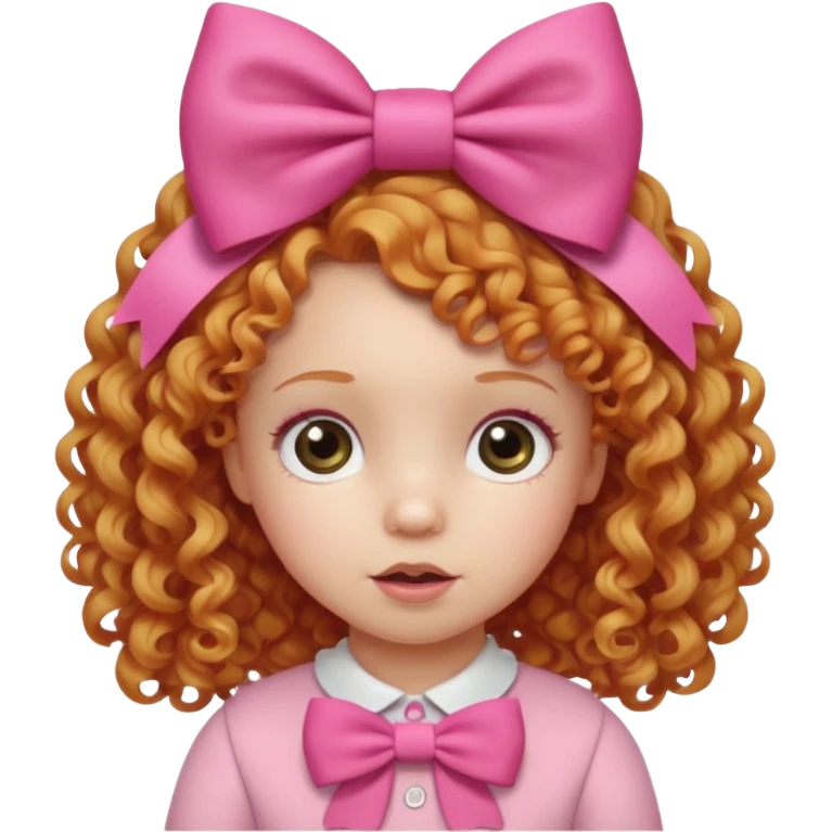Strawberry blonde curly haired toddler girl wearing big pink bow emoji