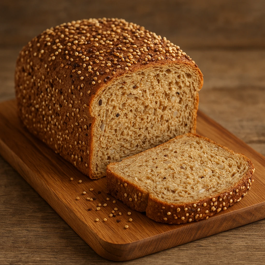 whole wheat bread with quinoa and rice, realistic photo, on wooden cutting board, visible seeds emoji