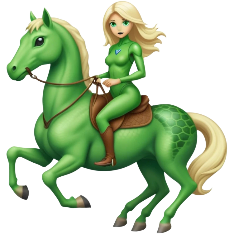 reptilian alien green woman, rides blonde horse
 emoji
