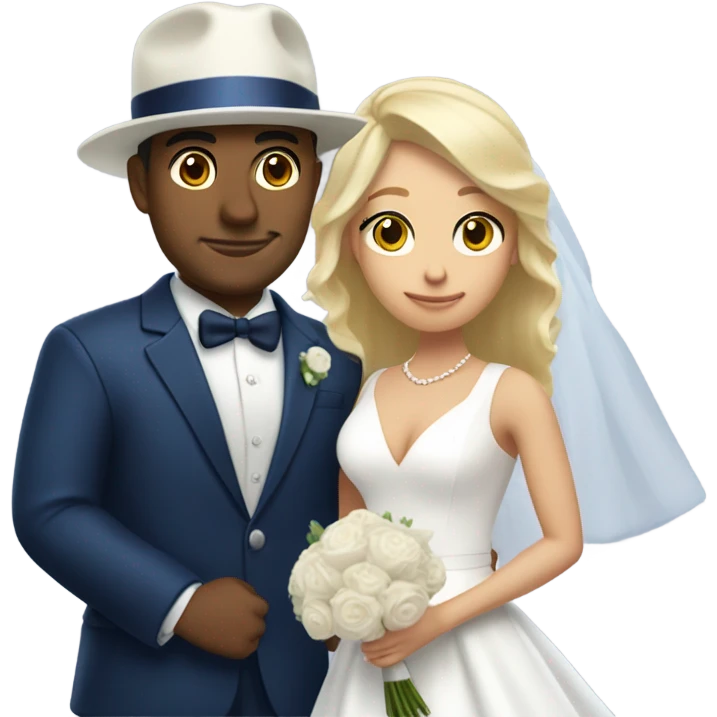 Puerto rican beard short hair with blue hat and navy blue suit getting Married with blond long hair girl with white  wedding dress  emoji