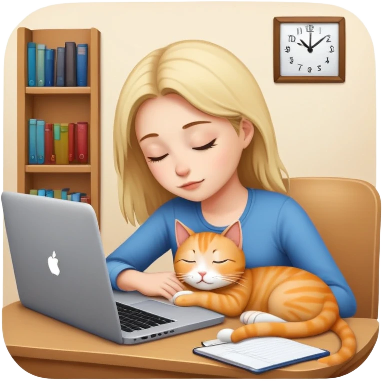 A girl is working hard in front of her laptop, and a cat is sleeping next to it emoji