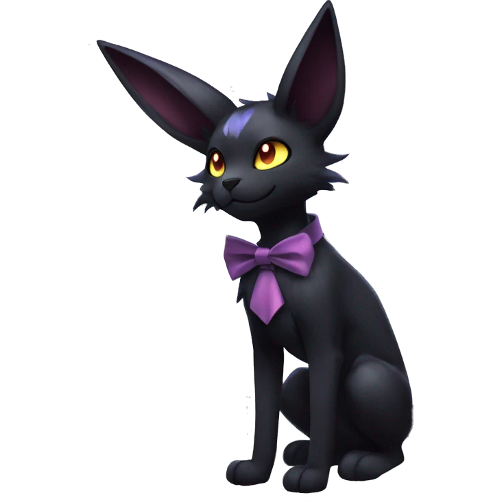 Shiny Dark Cool Edgy Black beautiful ethereal fantasy Kawaii Sona Umbreon-Noibat-Litten-Fakemon-cat-animal with edgy bat-ears bow tie black mane vtuber model Full Body emoji