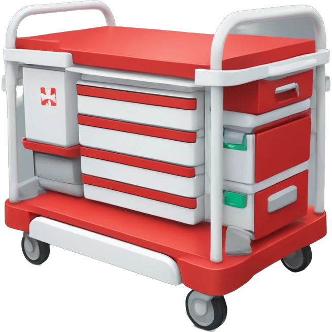 Singular Red medical crash cart is a mobile, multi-drawer unit designed to store and organize emergency medical supplies and equipment and a cardiac defibrillator on top emoji