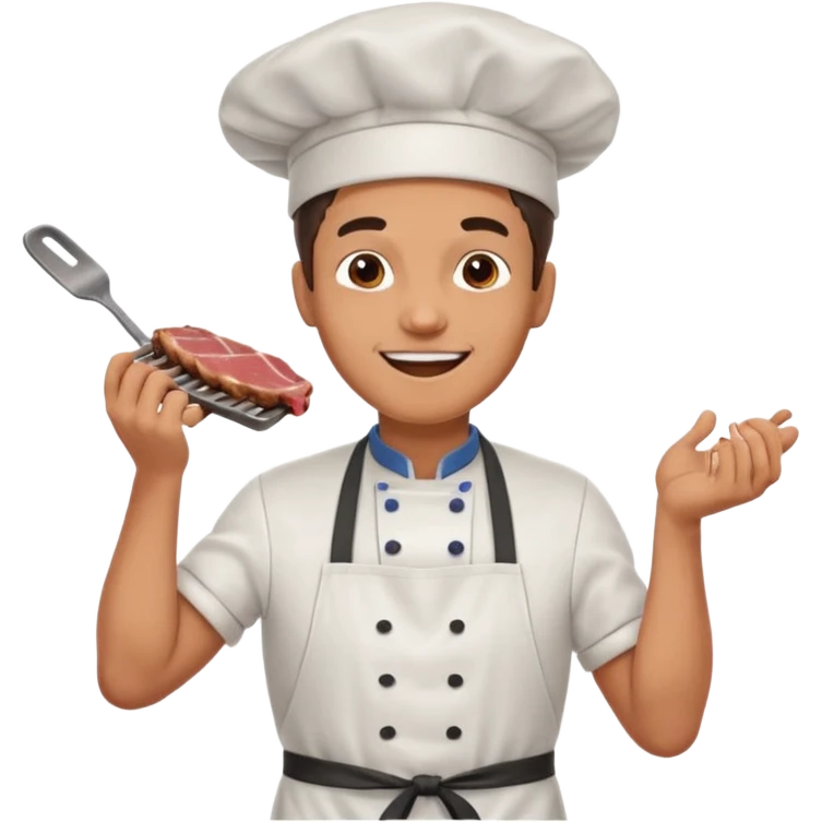 A cheerful man in an apron flipping meat on a sizzling grill with smoke puffing upward. emoji