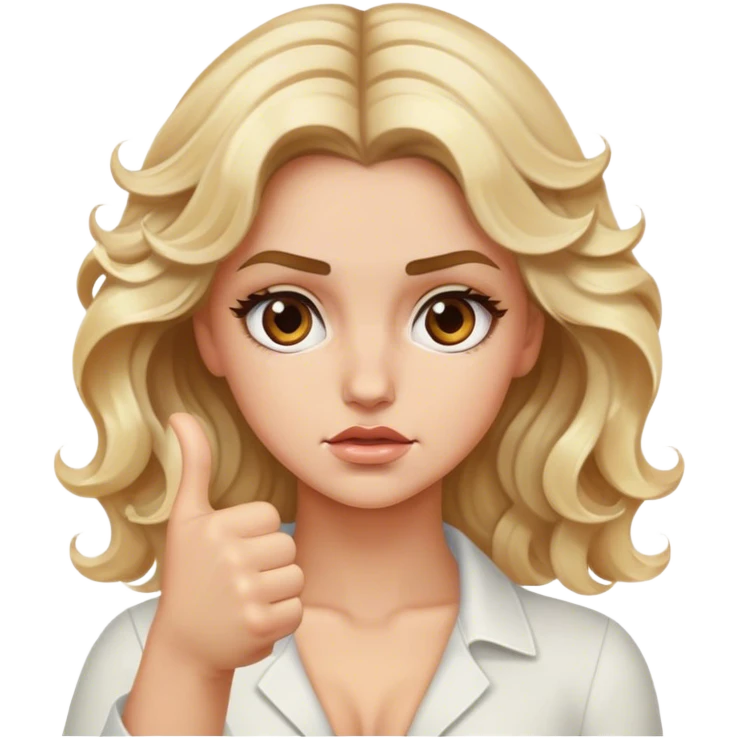 Luxury blonde model, brown eyes, wavy hair, thumbs down emoji