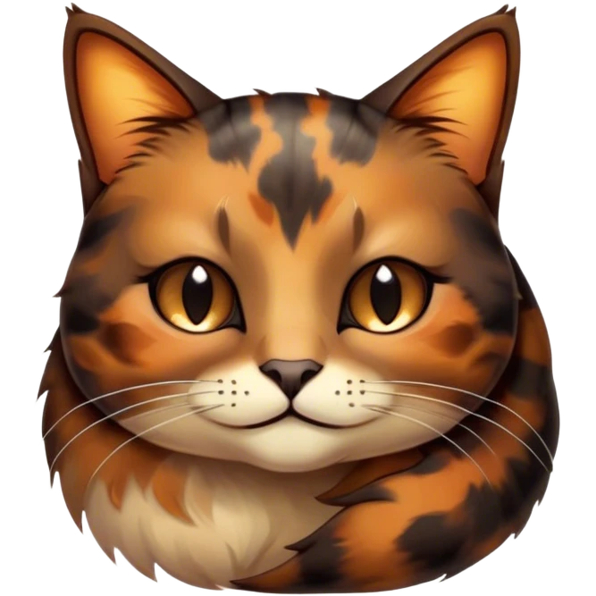 Meme-Worthy Cute Sleeping Tortoiseshell Cat Portrait Emoji, Head resting with a serene, sleepy smile and softly closed, dreamy eyes, showcasing a warm, mottled fur of rich browns and blacks, simplified yet adorably detailed, glowing with a gentle, drowsy radiance, high shine, exuding relaxed, heart-melting charm, styled with a soft glowing outline, capturing the essence of a sleeping tortoiseshell cat that radiates pure, peaceful cuteness! emoji