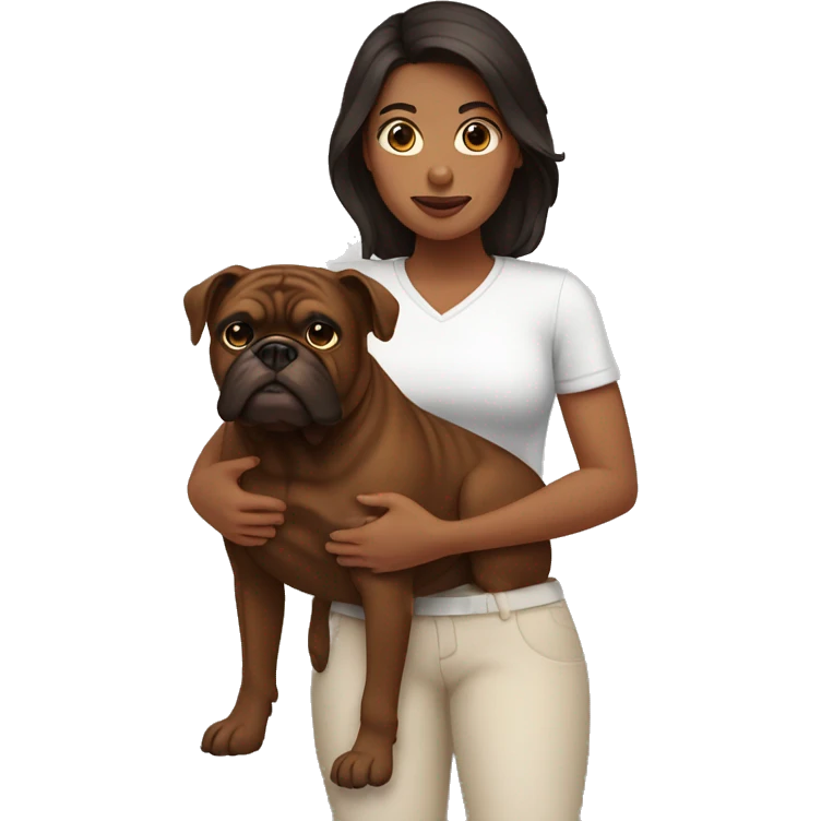 Woman with dark hair holding a brown bulldog with dark brown face emoji