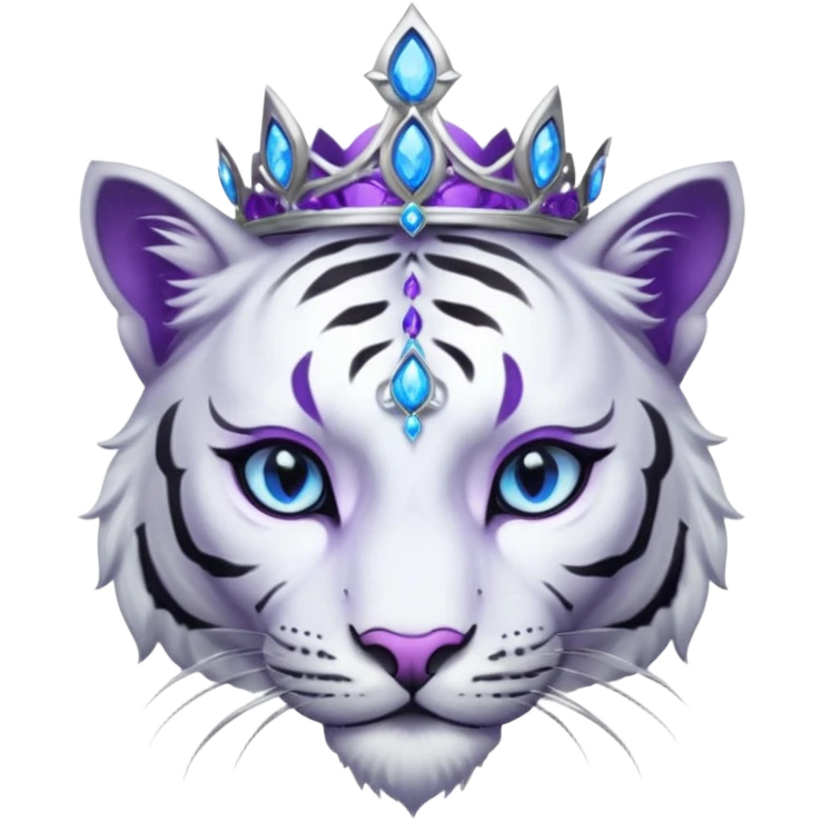 ESO Female white/black tiger khajiit leader of the umbral rose, glowing blue eyes, glowing blue 'third eye' gem; beautiful desined purple gemmed silver tiara emoji