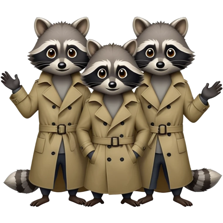 Three mischievious raccoons standing on top of each other pretending to be one person in a  single trench coat emoji