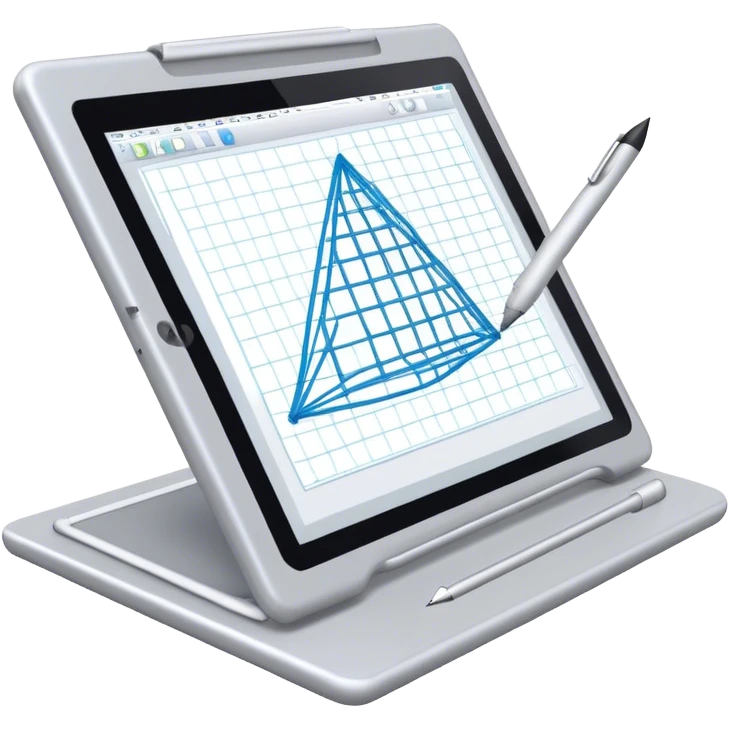 Create an emoji for 3D visualization and modeling. Show wireframe model that pops out from the screen of a large graphic tablet with a stylus drawing in a 3D modeling program. Use modern, professional colors. Do not include any emojis or smiley faces. Make the background transparent. emoji