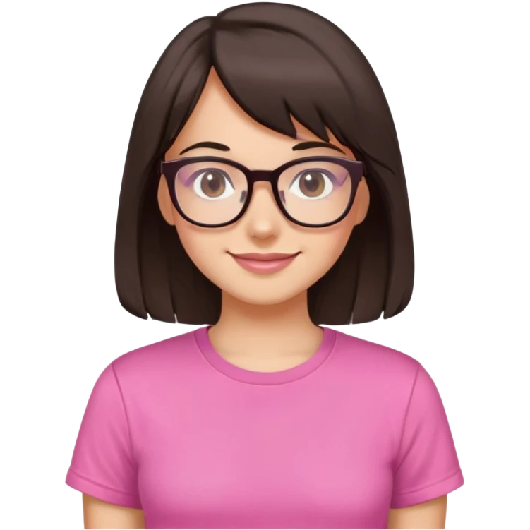 Tween, mid length dark brown hair, side bangs, glasses, brown eyes, Baddie, pink t shirt, pretty smile, pretty emoji