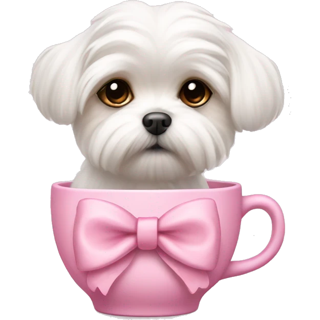Tea cup Maltese wearing a pink bow emoji