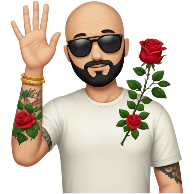  Bald man with sunglasses black beard raising hand with only one colorful roses tattoo on forearm  emoji