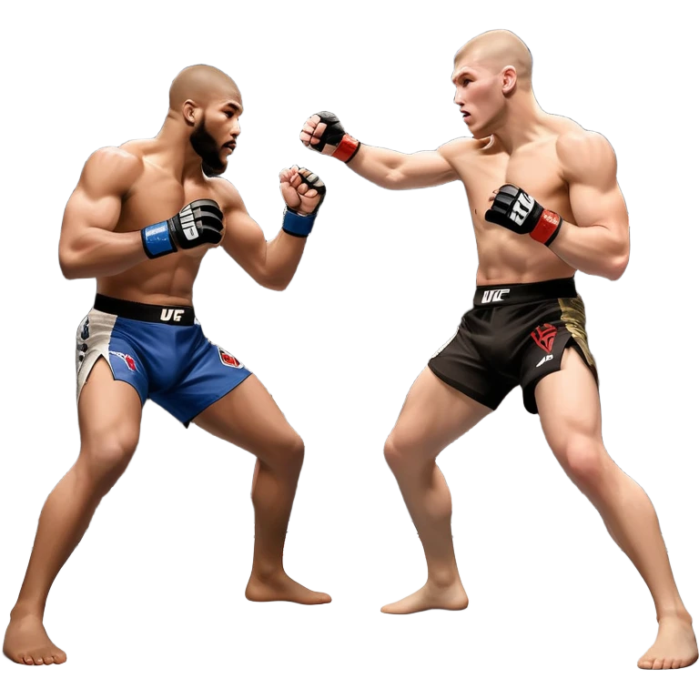 wo MMA fighters in the octagon, one delivering a strong punch while the other defends with a guard. The background shows the UFC octagon with the crowd in the distance. Transparent background emphasizes the dynamic intensity and skill of mixed martial arts. emoji