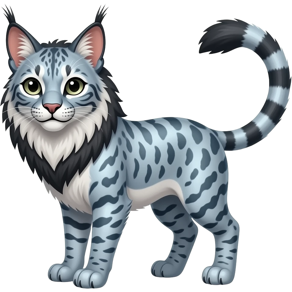 pastel Realistic marble-patterned marked edgy bluish greyish blackish whitish silvery Shiny Colorful Dusky Dark Glossy Genet-Caracal-Lion-Bobcat-fusion-animal-hybrid-creature, full body, tufted ears, long thin tufted tail emoji