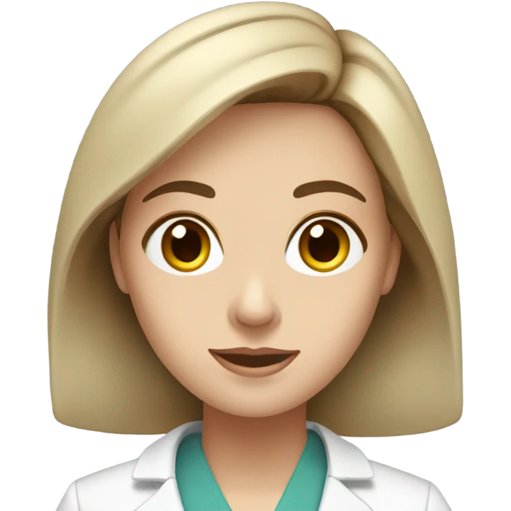 White woman with brown hair and long eyelashes in medical coat emoji