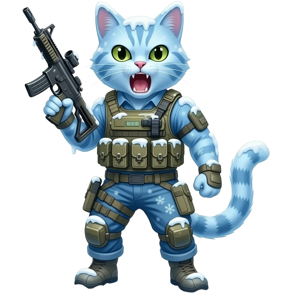 a sleek cat which is made from ice snow and snowflakes and covered from frost. the cat is wearing modern warfare gear and weaponry and is yelling angrily emoji