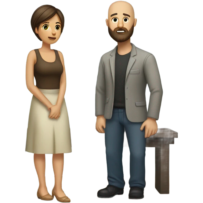 brunette woman kneeling to bald man with beard standing emoji