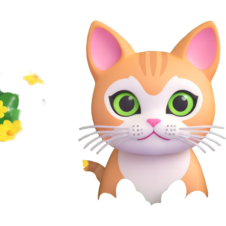 a cat with big eyes among green clover leaves and flowers emoji