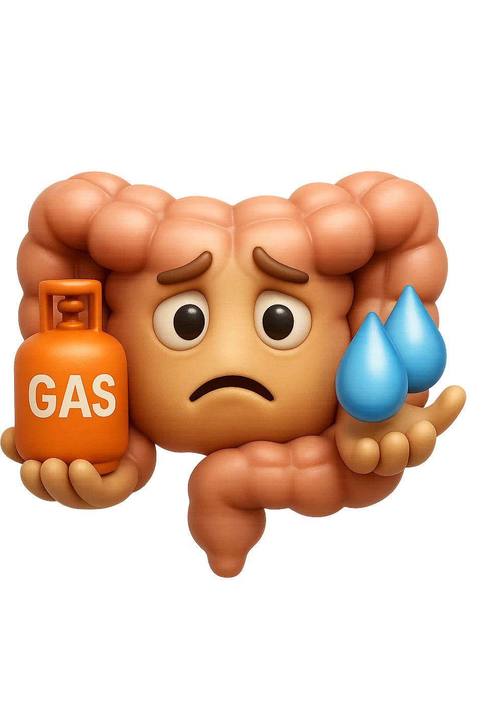 EMOJI STILE IPHONE DI un'intestino preoccupato che ha una bombola di gas con la scritta "GAS" SOPRA in mano e due gocce di acqua in 3d nell'altra mano, IPERREALISTICO 4K emoji