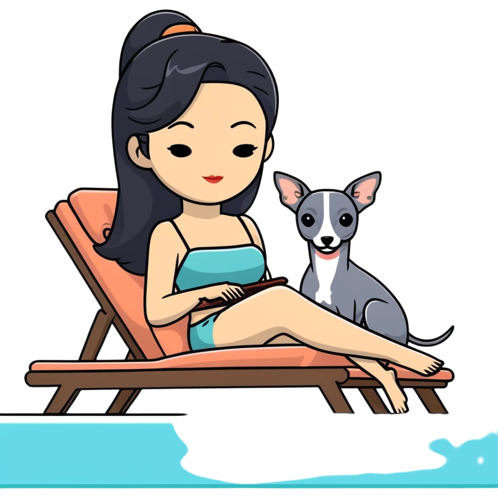 Very thin and slim Chinese woman with long black hair in elegant pool attire relaxing on a comfortable spa lounger at a luxury spa pool with only ONE Italian greyhound that is COMPLETELY solid dark grey with ABSOLUTELY ZERO white markings anywhere - 100% uniform dark grey color only - the single dog is relaxing on or beside the lounger emoji