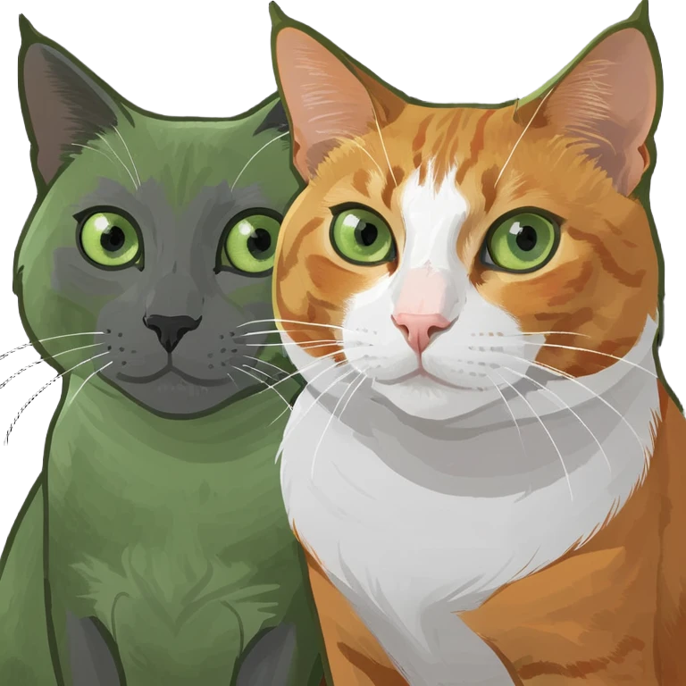 Tres gatitos , uno naranja con ojos verdes, otro al lado como gris y blanco con ojos azules y el tercero también al lado que es marrón con ojos también verdosos emoji