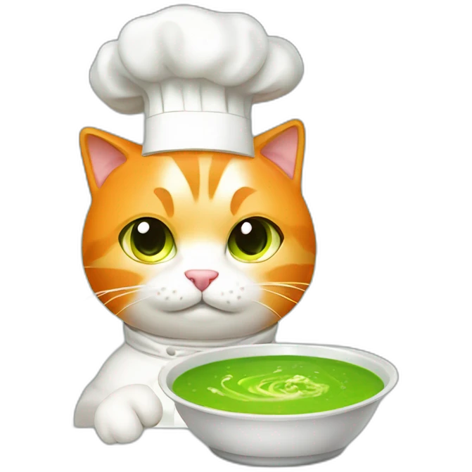 orange and white cat wearing chef hat cooking glowing green soup emoji