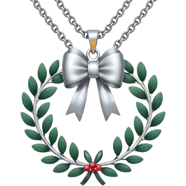 A silver necklace with a wreath shaped pendant and a bow at the top emoji