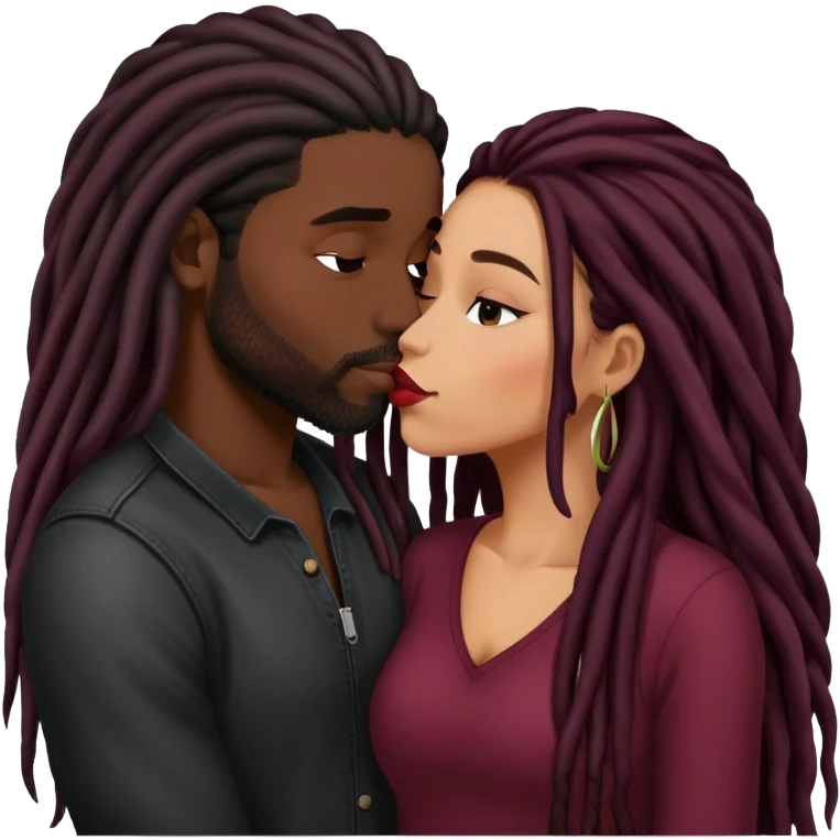 Dark Wine colored hair Latina long hair, kissing black guy with dreads emoji