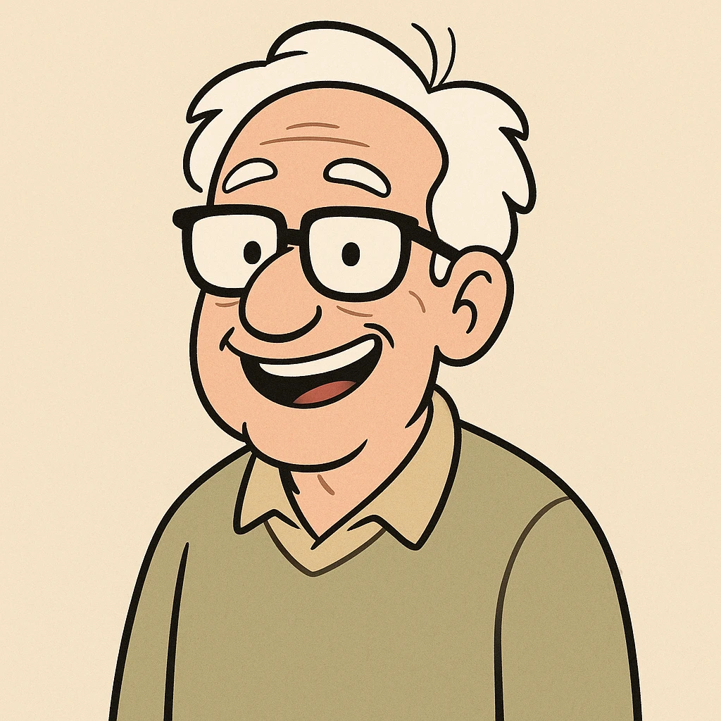 a smiling white-haired old man with black framed glasses, cartoon style emoji