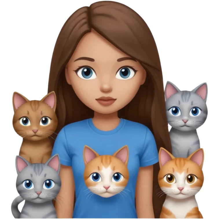 a pretty bratz dusky light skin girl with long brown hair, blue eyes with six cats nd wearing a grey tshirt emoji