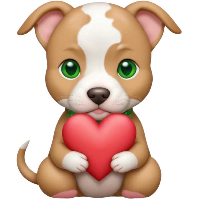 White and tan pitbull puppy with green eyes and cropped ears holding a heart emoji