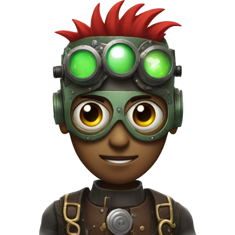 Male cyborg with thin red Mohawk and green steampunk goggles emoji
