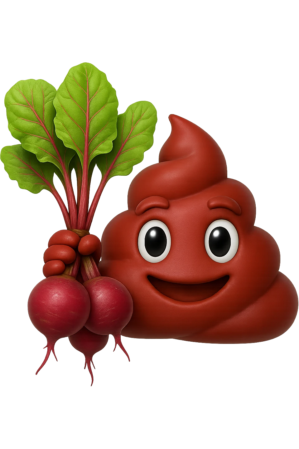 emoji stile iphone 3d di una cacca rossa con barbabietole in mano, iperrealistiche 4k emoji