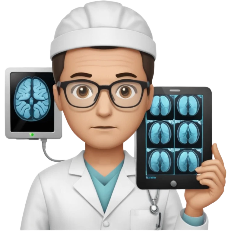 male neurosurgeon with glasses holding MRI scan emoji