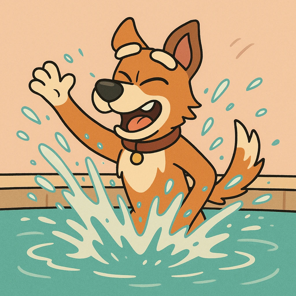 indie dog splashing water in a pool, energetic, cartoon style emoji