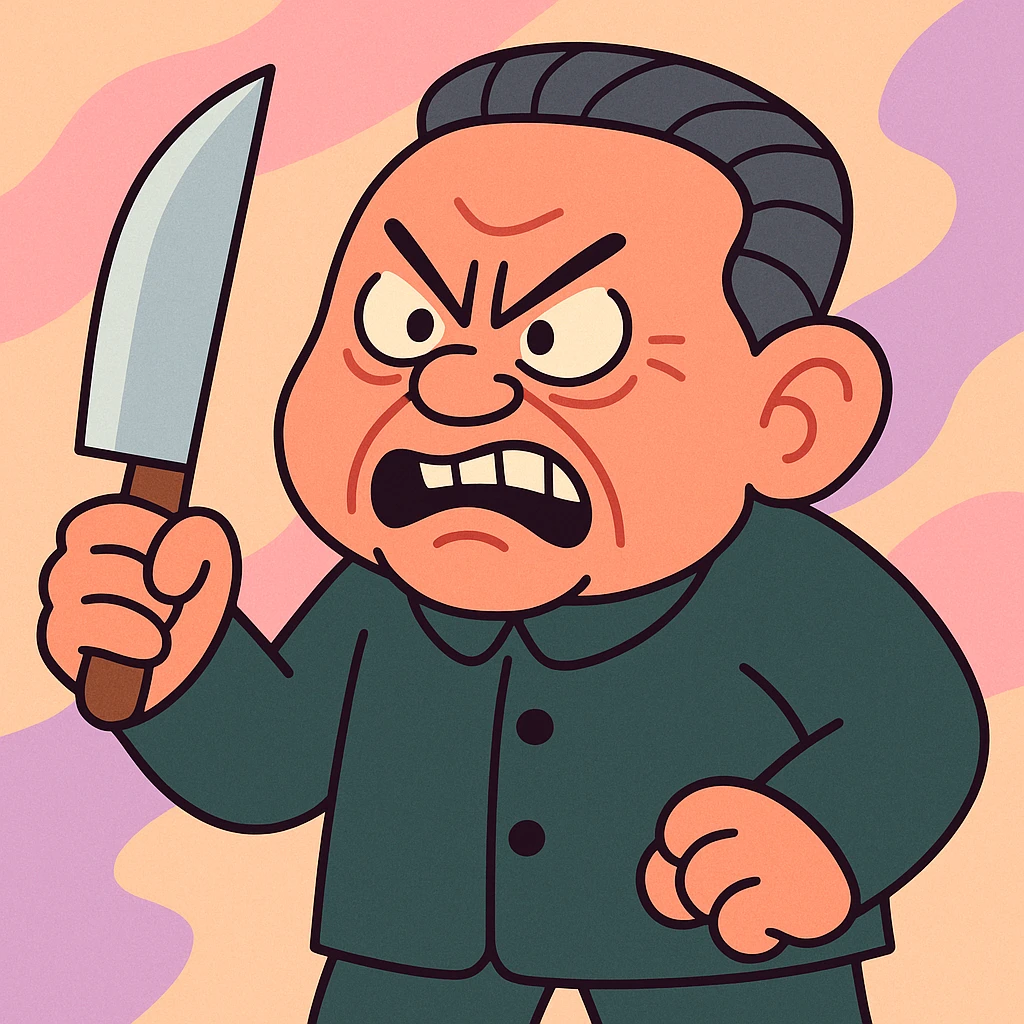 Deng Xiaoping as a cartoon villain, exaggerated angry expression, holding a knife, pastel toon style emoji