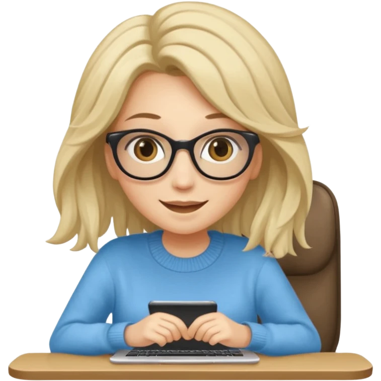 ragazza bionda sorridente con capelli molto lunghi, con occhiali tartarugati, occhi azzurri, con maglione beige, seduti alla scrivania che lavora al pc emoji