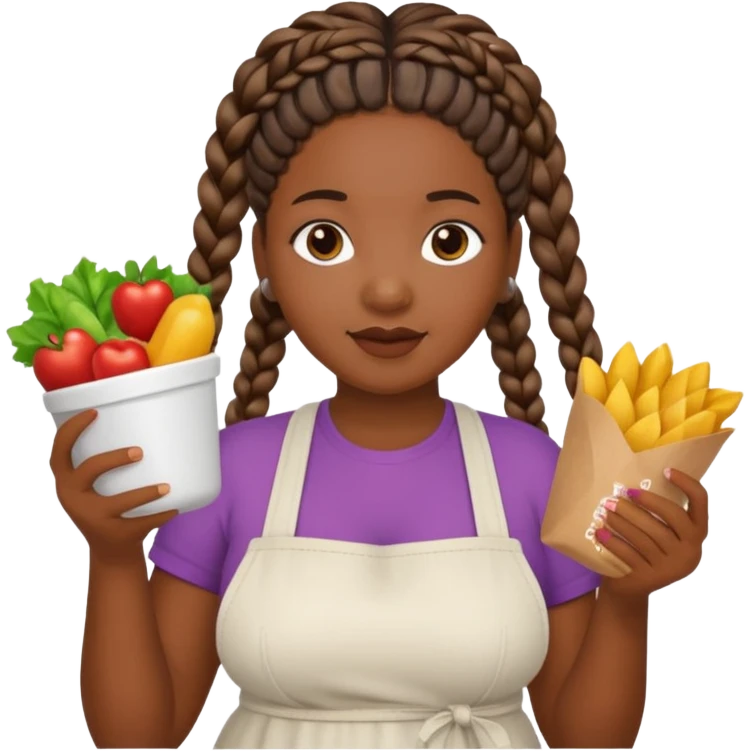 Medium dark skin tone girl with braids plus size with food emoji