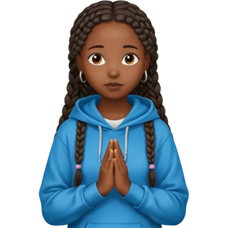 African American girl dark skin with long box braids and plain black hoodie with prayer hands emoji