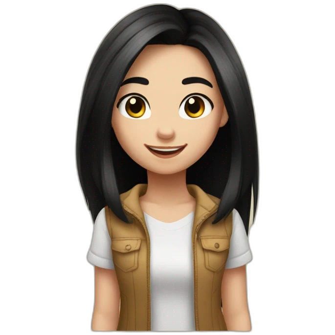white skin and black straight hair and black eyes  Disney smile girl with lion emoji