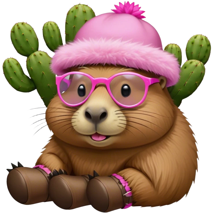 A capybara sleeping with a cactus hat on and pink goofy glasses wearing big UGGS for shoes emoji