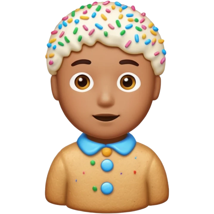 {
    "type": "object",
    "look": "frosted cookie man, colorful sprinkles, glossy icing top, front view",
    "description": "a sweet cookie man covered with frosting and rainbow sprinkles"
  } emoji