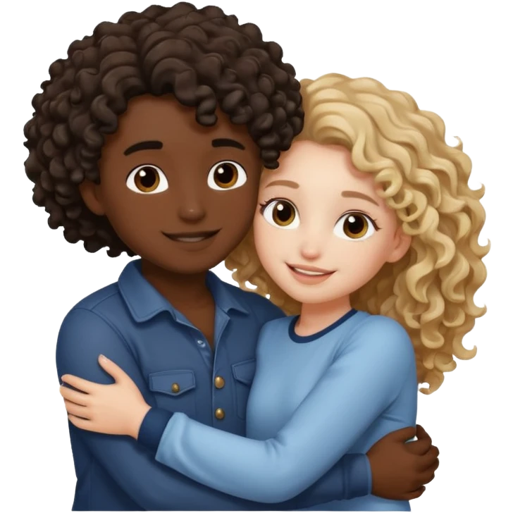 a boy with black skin and curly hairs and a girl with white skin light brown wavy hairs, they are hugging and happy emoji