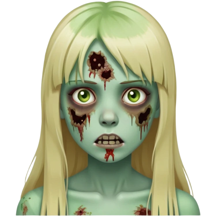 zombie girl with pale green skin, visible wounds, long blonde hair with straight bangs, dead eyes emoji