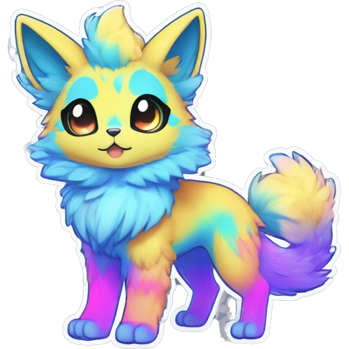 Anthro Fluffy Cool Cute Magical Elemental Shiny Colorful Neon Vibrant Colors Sparkle Kemono-style Chibi Fantasy-Animal-Fakémon-Pokémon-Hybrid Fur Sona Aesthetic Full Body Sticker emoji