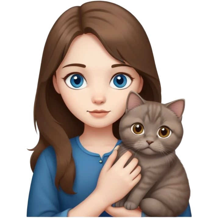 Girl with blue eyes and long brown hair and holding a grey Scottish fold cat emoji